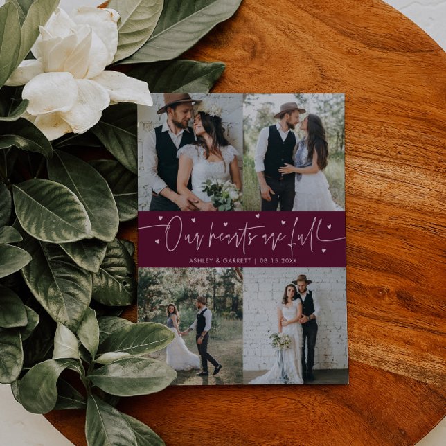 Our Hearts Are Full Wedding Photo Cranberry Thank You Card (Creator Uploaded)