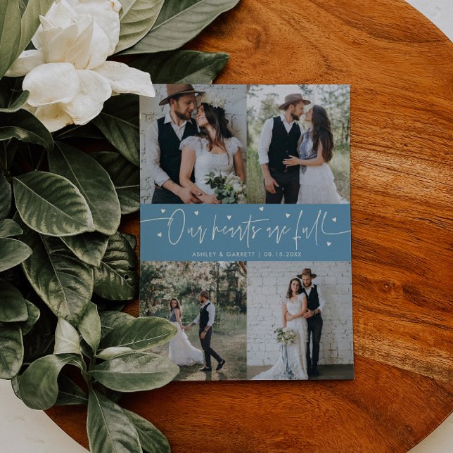 Our Hearts Are Full Wedding Photo Denim Blue Thank You Card (Creator Uploaded)