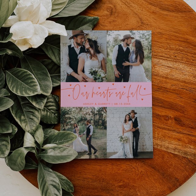 Our Hearts Are Full Wedding Photo Orange Pink Thank You Card (Creator Uploaded)
