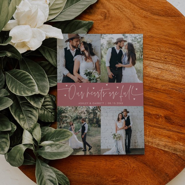 Our Hearts Are Full Wedding Photo Pink Thank You Card (Creator Uploaded)