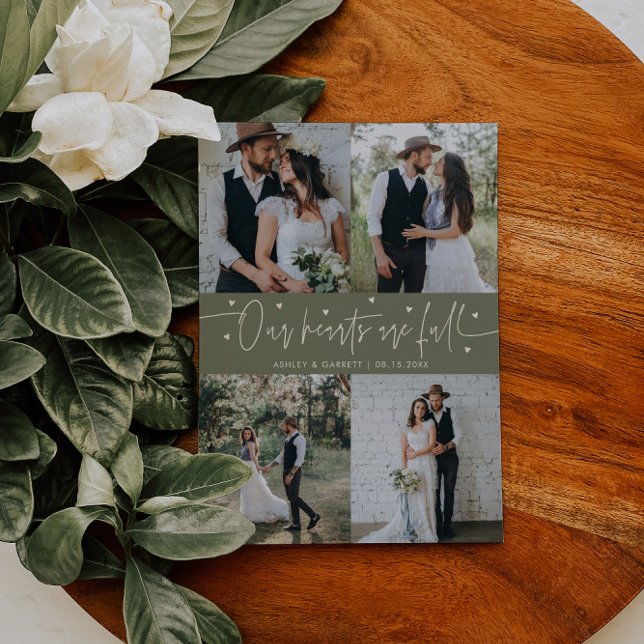 Our Hearts Are Full Wedding Photo Sage Green Thank You Card (Creator Uploaded)