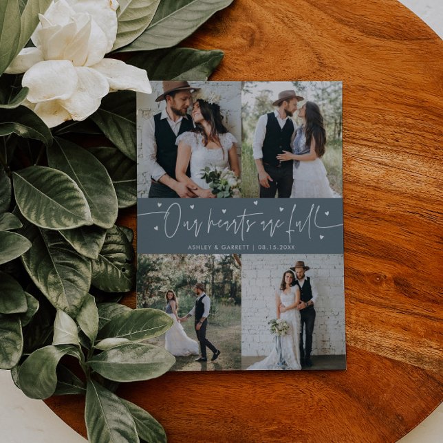 Our Hearts Are Full Wedding Photo Slate Blue Thank You Card (Creator Uploaded)