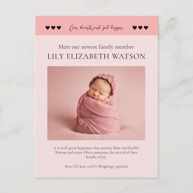 Our hearts got bigger, Baby Birth Announcement  Postcard (Front)