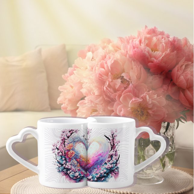 Our Hearts Together Forever Coffee Mug Set (Romantic, Japanese style design )