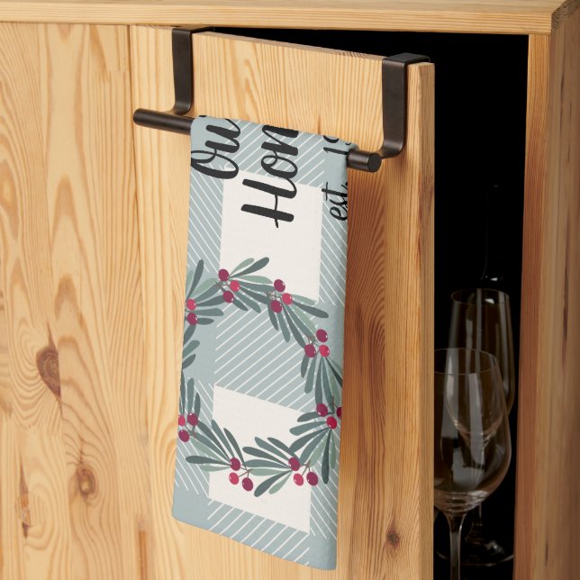 Our Home Script Blue/Green Buffalo Check Cute Kitchen Towel (Thirds Fold)