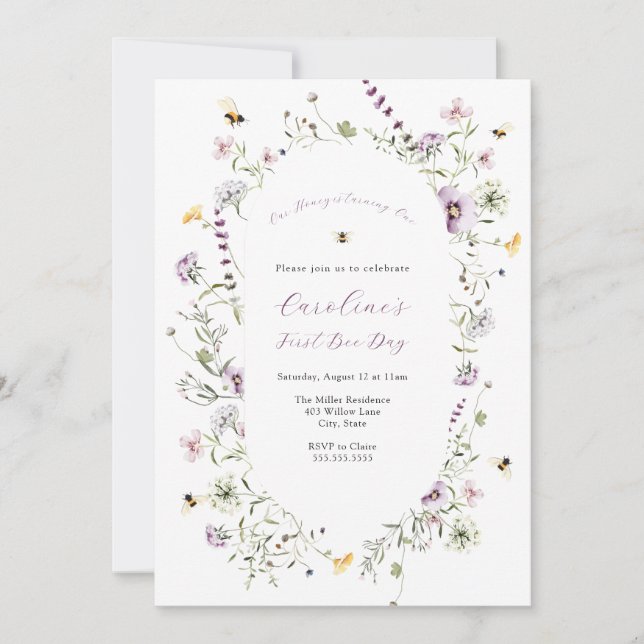 Our Honey Bee Purple Wildflower Birthday Invitation (Front)