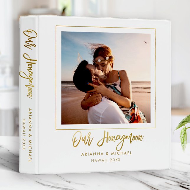 Our Honeymoon Gold Script Hand-lettered Chic Photo 3 Ring Binder (Creator Uploaded)