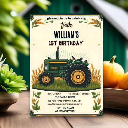 Our kids retro boy cool tractor first 1st birthday invitation