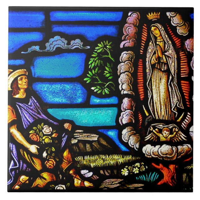 Our Lady Guadalupe Nuestra Senora Stained Glass Ceramic Tile (Front)