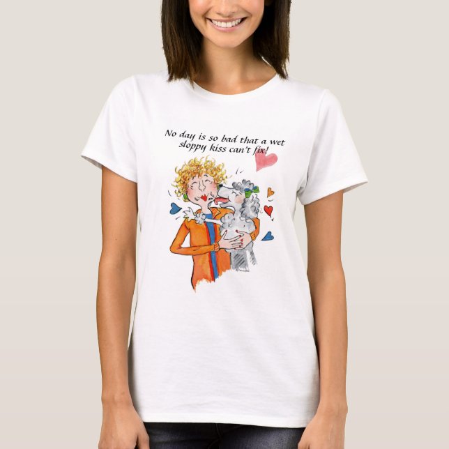 Our Lady in red welcomed home by her loving poodle T-Shirt (Front)