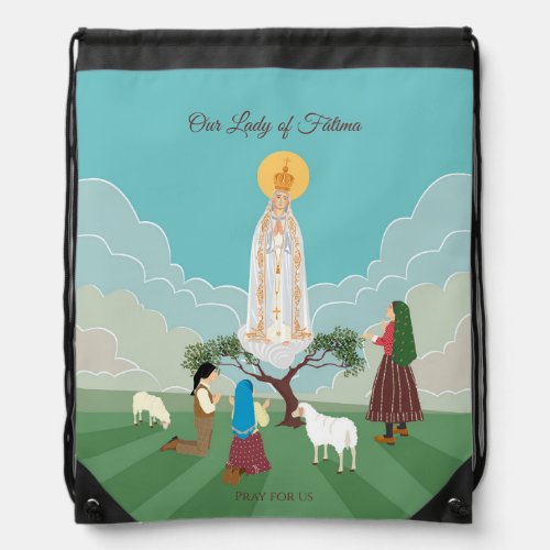 Our Lady of Fatima and the three shepherds Drawstring Bag