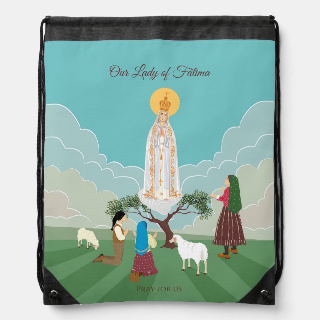 Our Lady of Fatima and the three shepherds Drawstring Bag (Front)