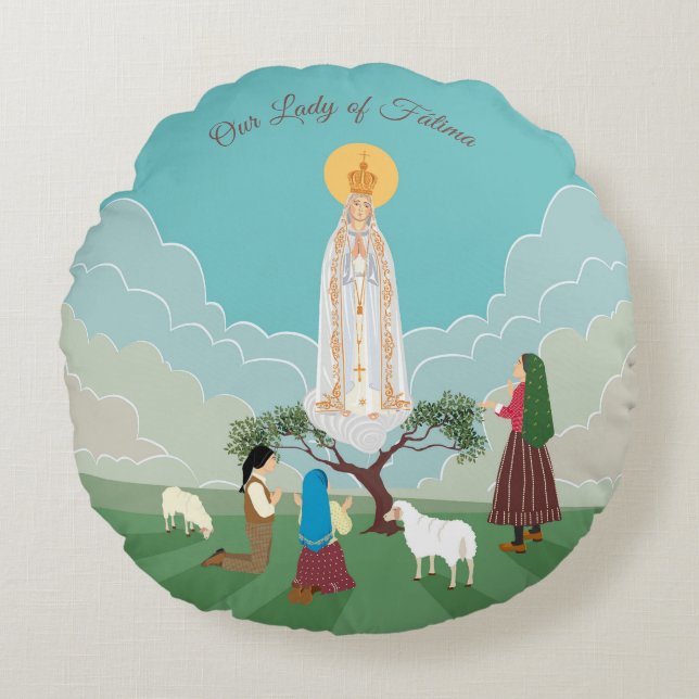 Our Lady of Fatima and the three shepherds Round Pillow (Front)