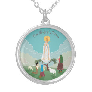 Our Lady of Fatima and the three shepherds Silver Plated Necklace