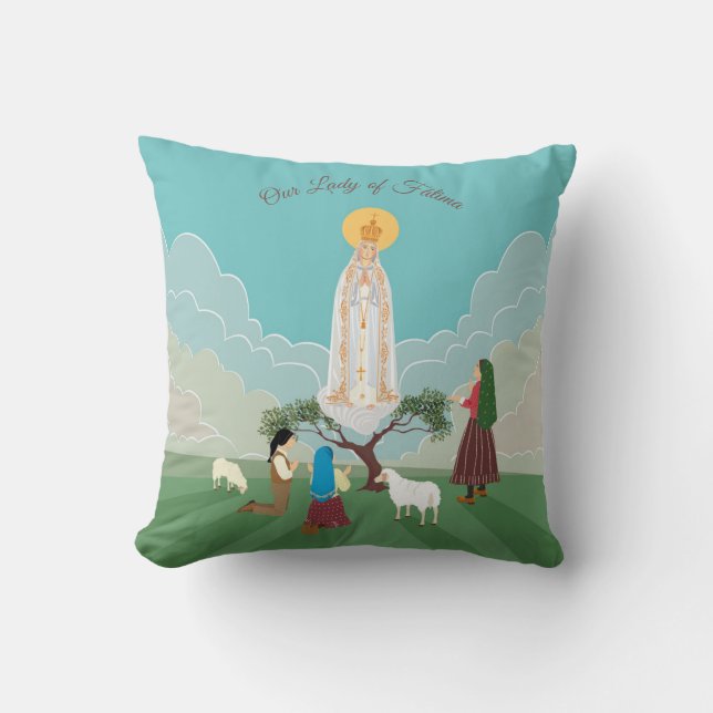 Our Lady of Fatima and the three shepherds Throw Pillow (Front)