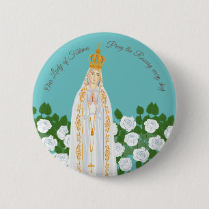 Our Lady of Fatima and white roses Button