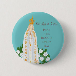 Our Lady of Fatima and white roses Button