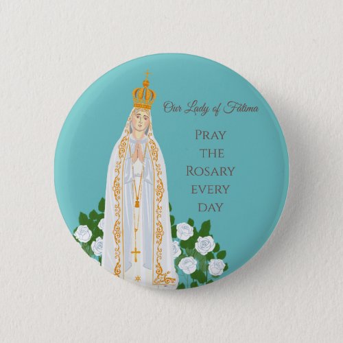 Our Lady of Fatima and white roses Button