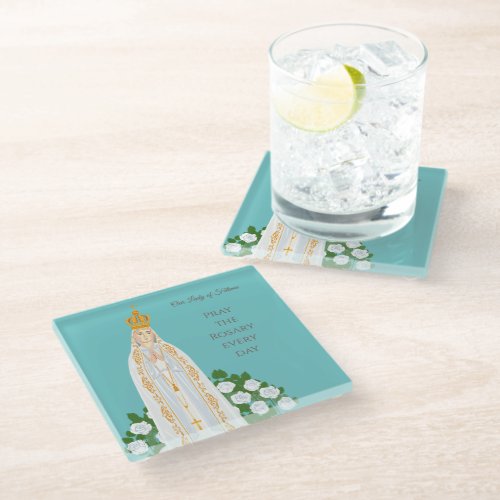 Our Lady of Fatima and white roses Glass Coaster