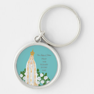 Our Lady of Fatima and white roses Keychain