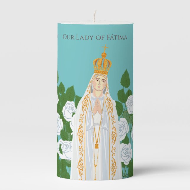 Our Lady of Fatima and white roses Pillar Candle (Front)