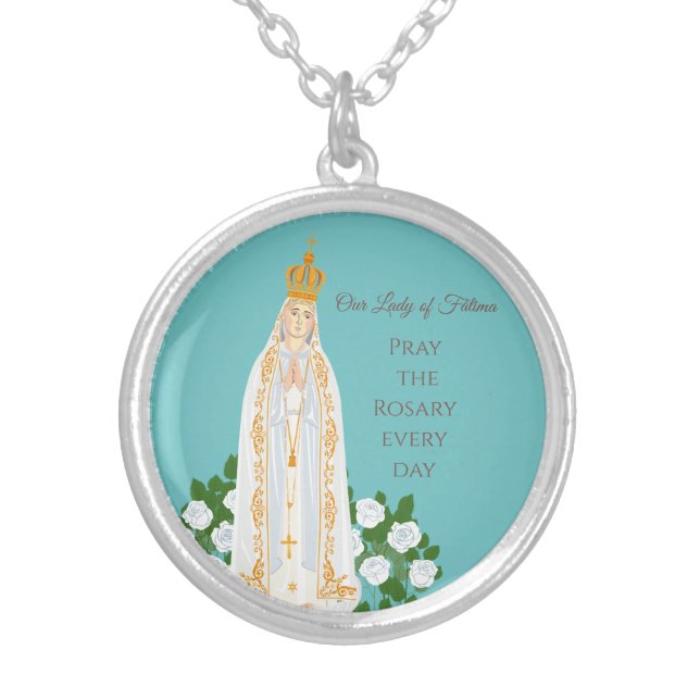 Our Lady of Fatima and white roses Silver Plated Necklace (Front)