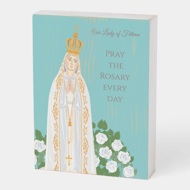 Our Lady of Fatima and white roses Wooden Box Sign (Angled Vertical)