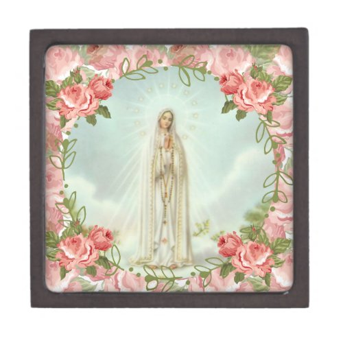Our Lady of Fatima Holy Rosary Pink Roses Jewelry Gift Box