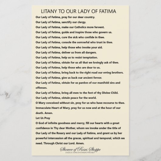 Our Lady of Fatima Litany Prayer Religious (Back)