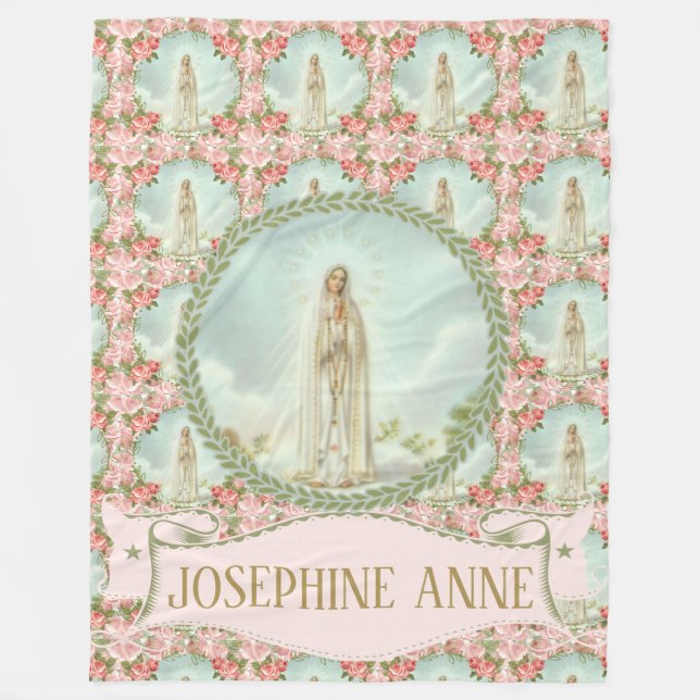 Our Lady of Fatima Name Banner Pink Roses Fleece Blanket (Front)