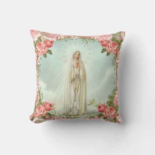 Our Lady of Fatima Pink Roses Throw Pillow
