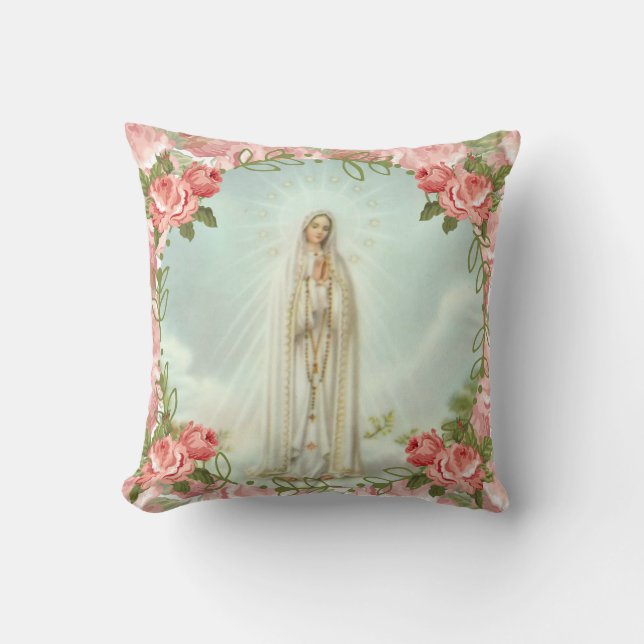 Our Lady of Fatima Pink Roses Throw Pillow (Front)
