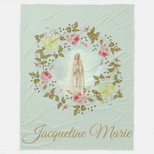 Our Lady of Fatima Rose Floral Wreath Name Fleece Blanket