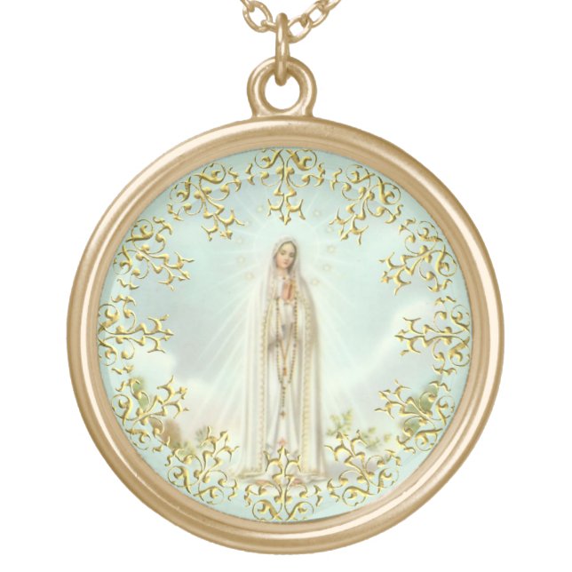 Our Lady of Fatima Rose Gold Lace Wreath Gold Plated Necklace (Front)