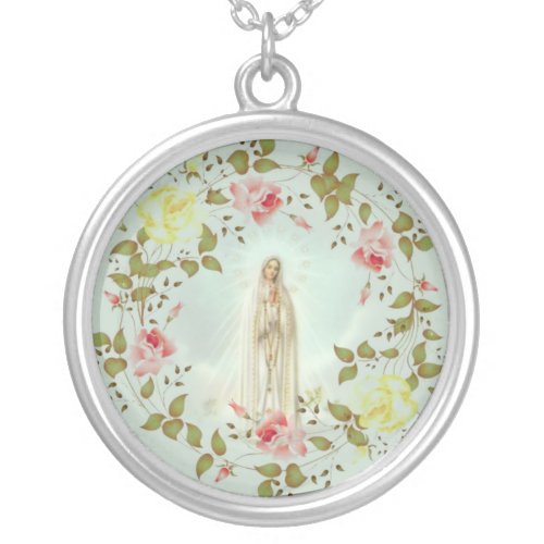 Our Lady of Fatima Rose Spring Floral Wreath Silver Plated Necklace