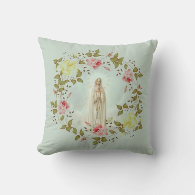 Our Lady of Fatima Rose Spring Floral Wreath Throw Pillow (Front)
