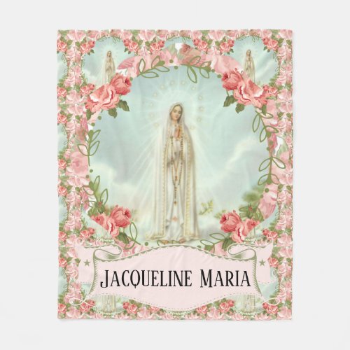 Our Lady of Fatima Virgin Mary wPink Roses Fleece Blanket