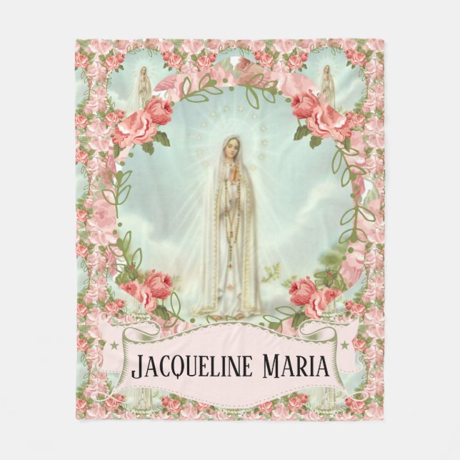 Our Lady of Fatima Virgin Mary w/Pink Roses Fleece Blanket (Front)