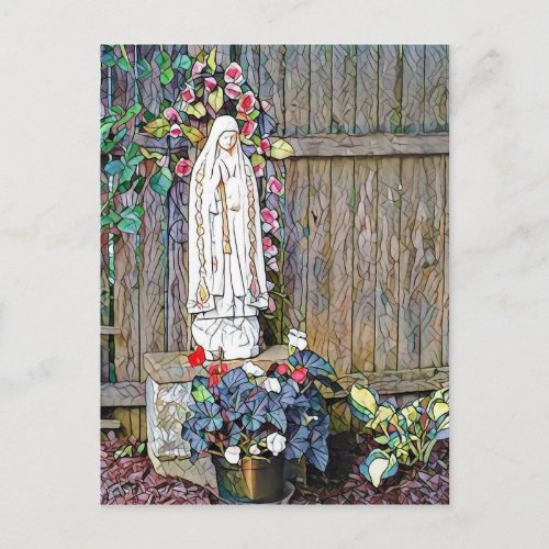 Our Lady of Fatima w flowers by fence Postcard