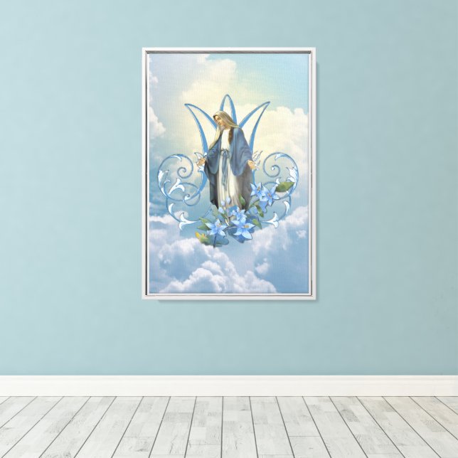 Our Lady of Grace with Blue Florals Canvas Print (Insitu(Wood Floor))