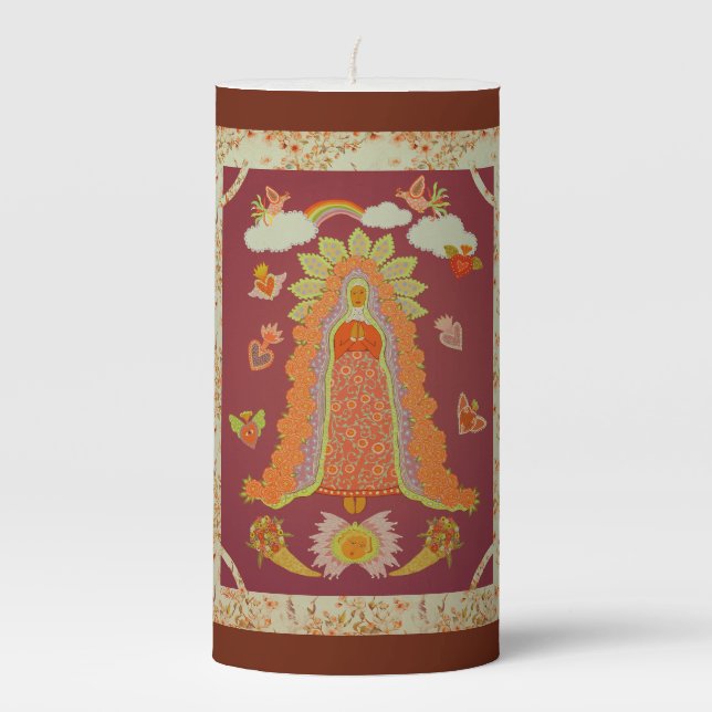 Our Lady of Guadalupe Dark Red Pillar Candle (Front)