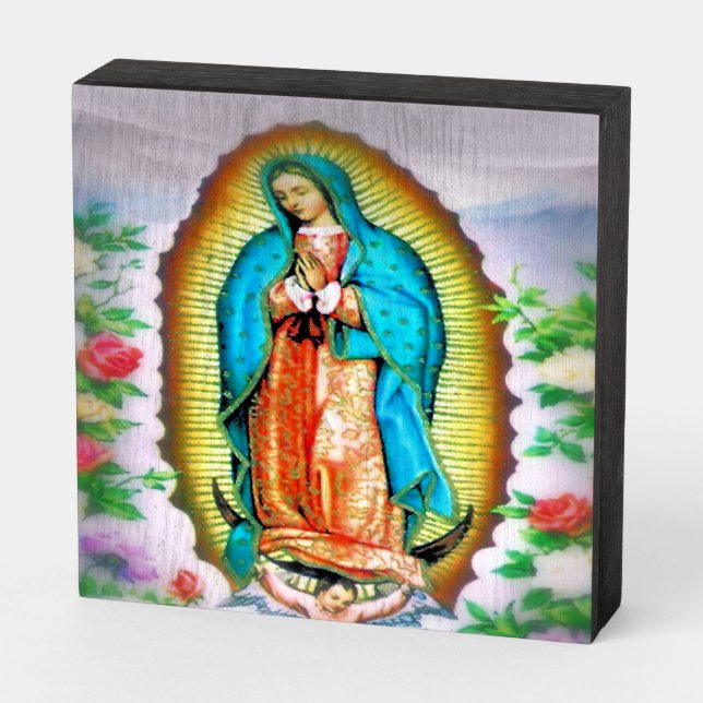 Our Lady of Guadalupe Floral Wooden Box Sign (Angled Horizontal)