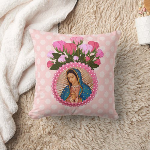 Our Lady of Guadalupe Pink Roses  Throw Pillow