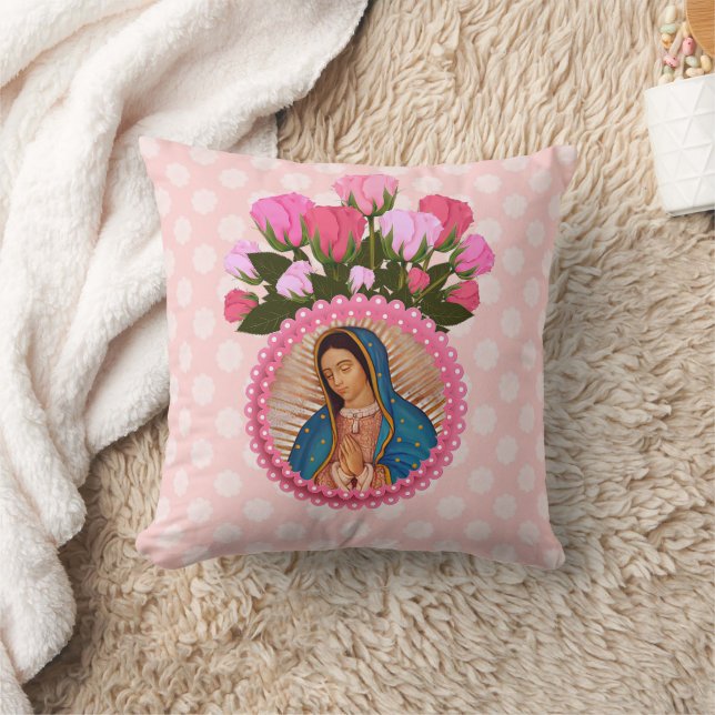 Our Lady of Guadalupe Pink Roses  Throw Pillow (Blanket)