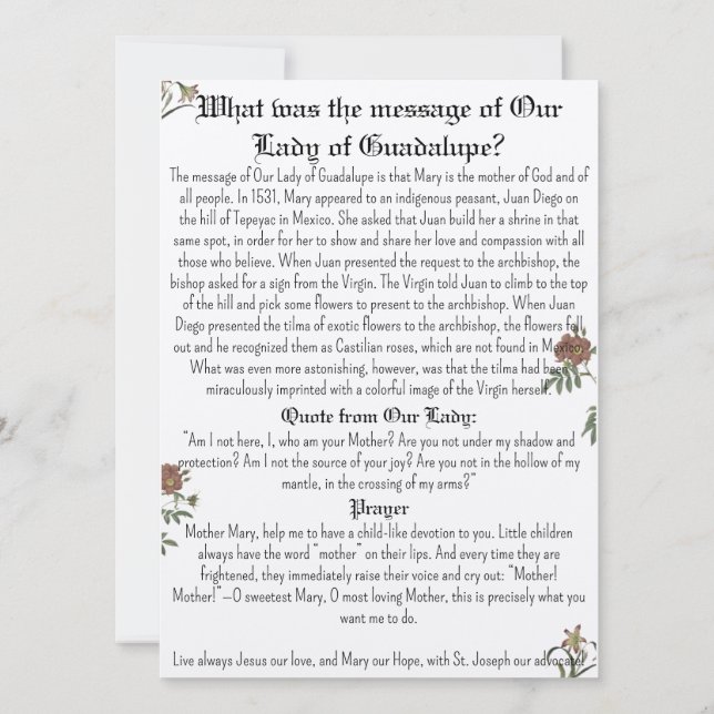 Our Lady of Guadalupe Prayer Card (Back)