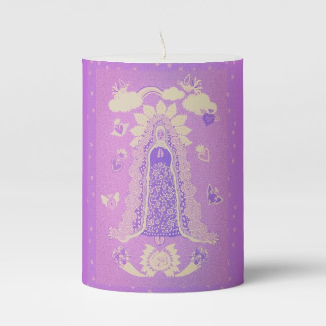 Our Lady of Guadalupe Purple Pillar Candle (Front)