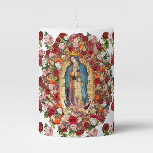Our Lady of Guadalupe Roses Virgin Mary Catholic  Pillar Candle