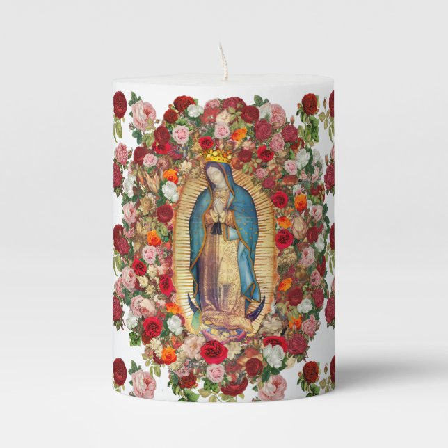 Our Lady of Guadalupe Roses Virgin Mary Catholic  Pillar Candle (Front)