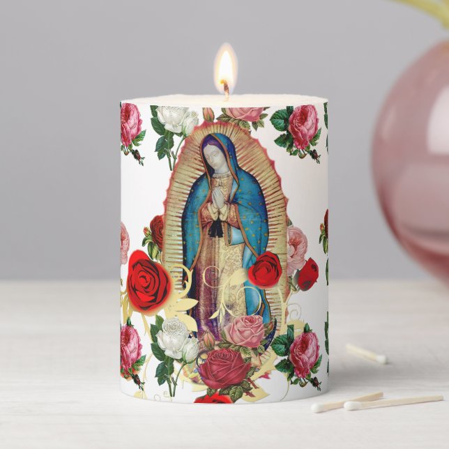 Our Lady of Guadalupe Roses Virgin Mary Saint Pillar Candle (In Situ)