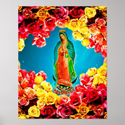 Our Lady of Guadalupe Surrounded by Roses Colorful Poster